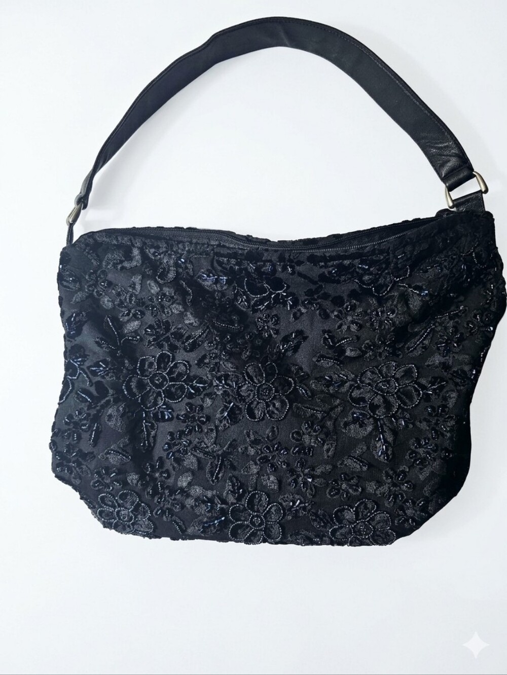 Christina Black Embroidered Floral Shoulder Bag
